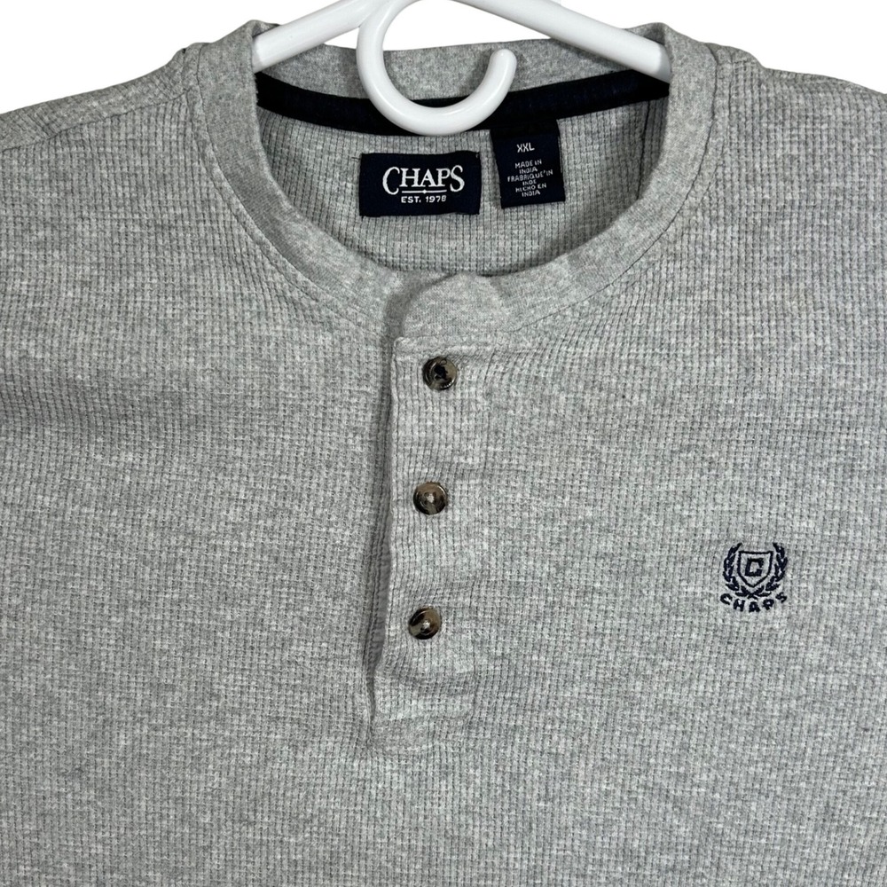 Chaps Mens XXL Gray Waffle Knit Long‎ Sleeve Henley Shirt Logo Pullover Top